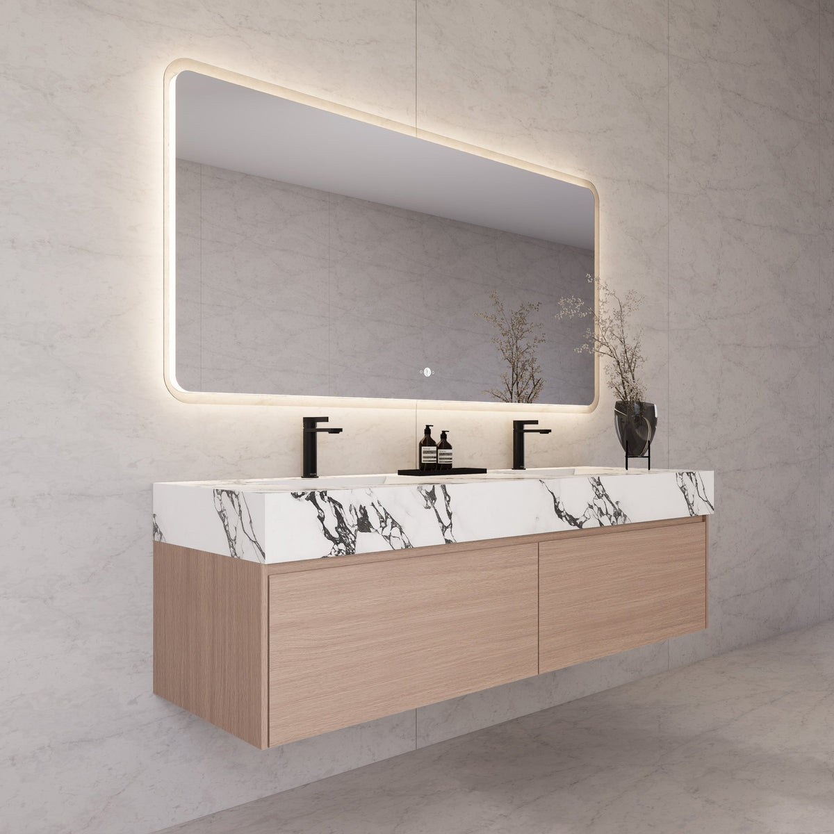 60"/ 71" Smoked Oak Double Sink Stone Top with Floating Bathroom Vanity -VanitySmoked Oak