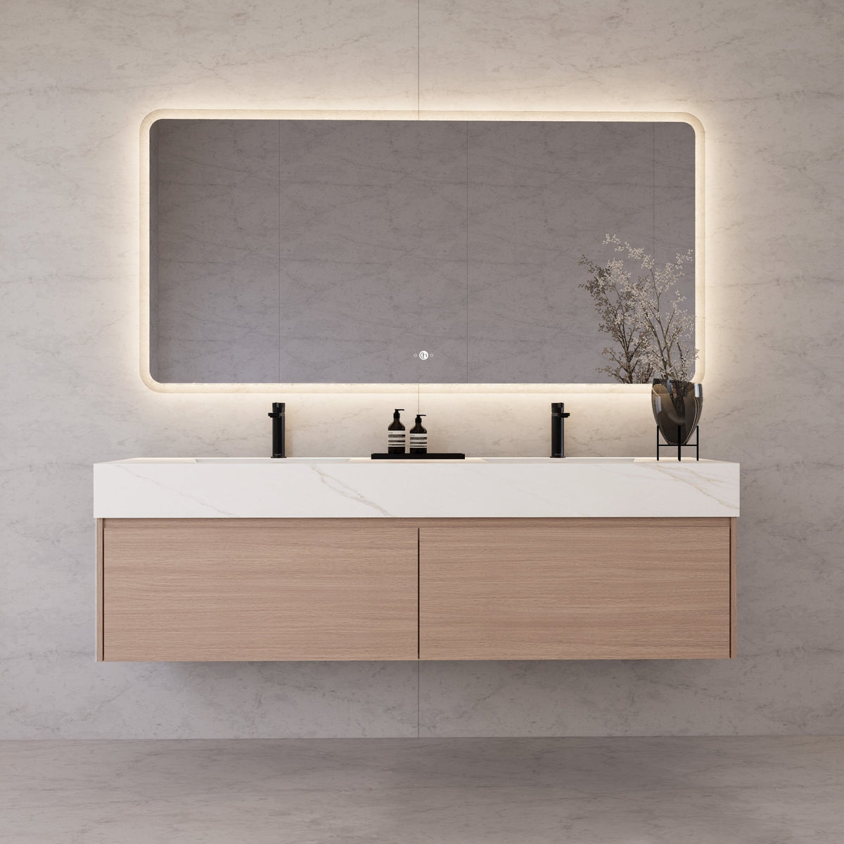 60"/ 71" Smoked Oak Double Sink Stone Top with Floating Bathroom Vanity -VanitySmoked Oak