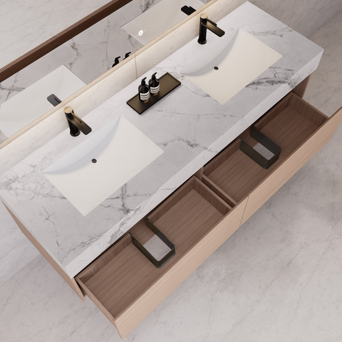 60"/ 71" Smoked Oak Double Sink Stone Top with Floating Bathroom Vanity -VanitySmoked Oak