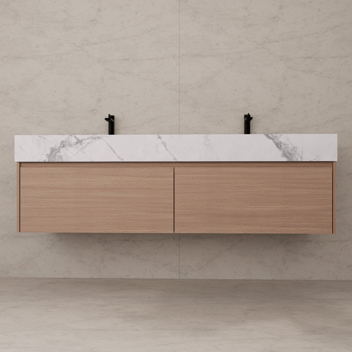 60"/ 71" Smoked Oak Double Sink Stone Top with Floating Bathroom Vanity -VanitySmoked Oak