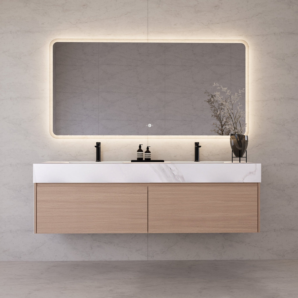 60"/ 71" Smoked Oak Double Sink Stone Top with Floating Bathroom Vanity -VanitySmoked Oak