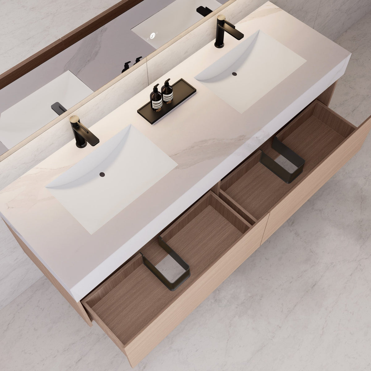60"/ 71" Smoked Oak Double Sink Stone Top with Floating Bathroom Vanity -VanitySmoked Oak