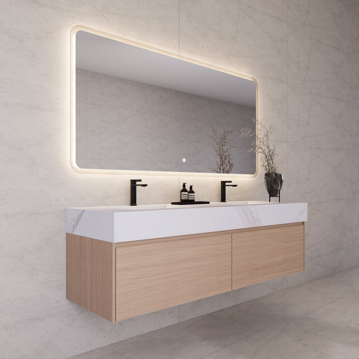 60"/ 71" Smoked Oak Double Sink Stone Top with Floating Bathroom Vanity -VanitySmoked Oak
