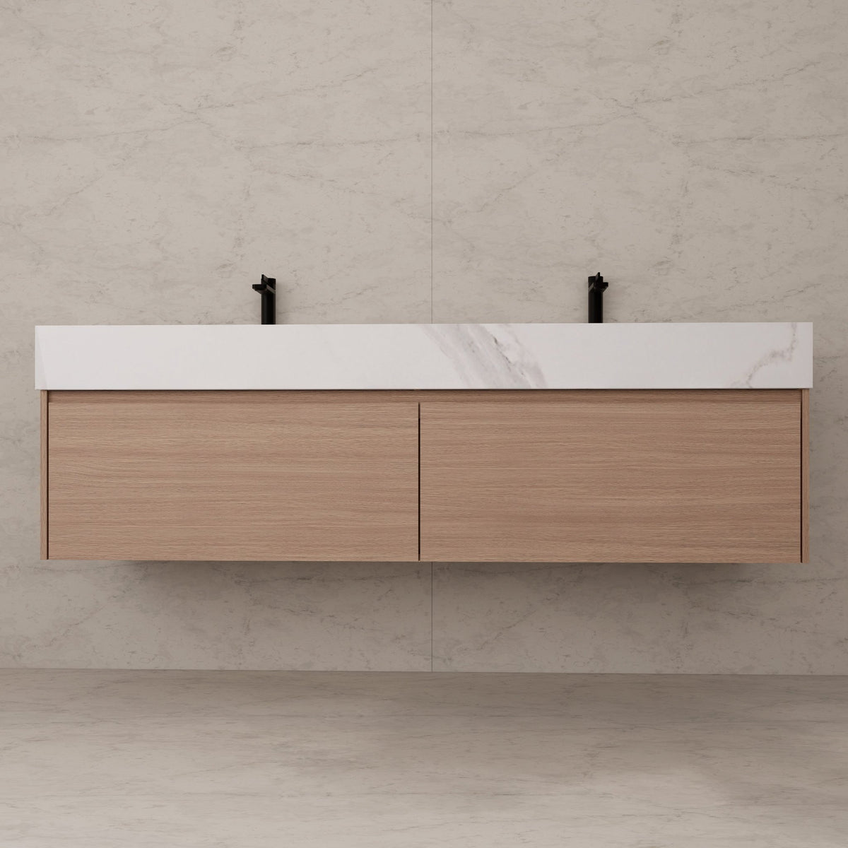 60"/ 71" Smoked Oak Double Sink Stone Top with Floating Bathroom Vanity -VanitySmoked Oak