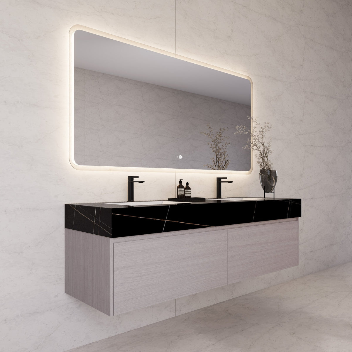 60"/ 71" White Grey Oak Double Sink Stone Top with Single Floating Bathroom Vanity -VanityWhite Grey Oak