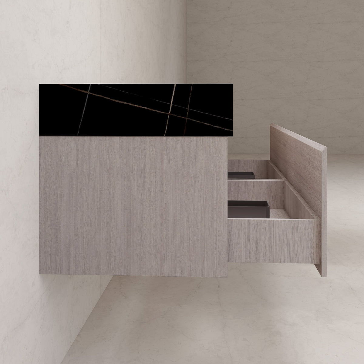 60"/ 71" White Grey Oak Double Sink Stone Top with Single Floating Bathroom Vanity -VanityWhite Grey Oak