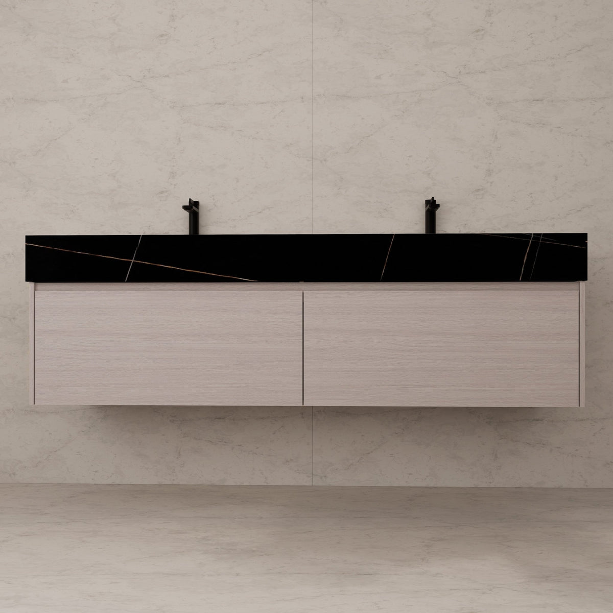 60"/ 71" White Grey Oak Double Sink Stone Top with Single Floating Bathroom Vanity -VanityWhite Grey Oak