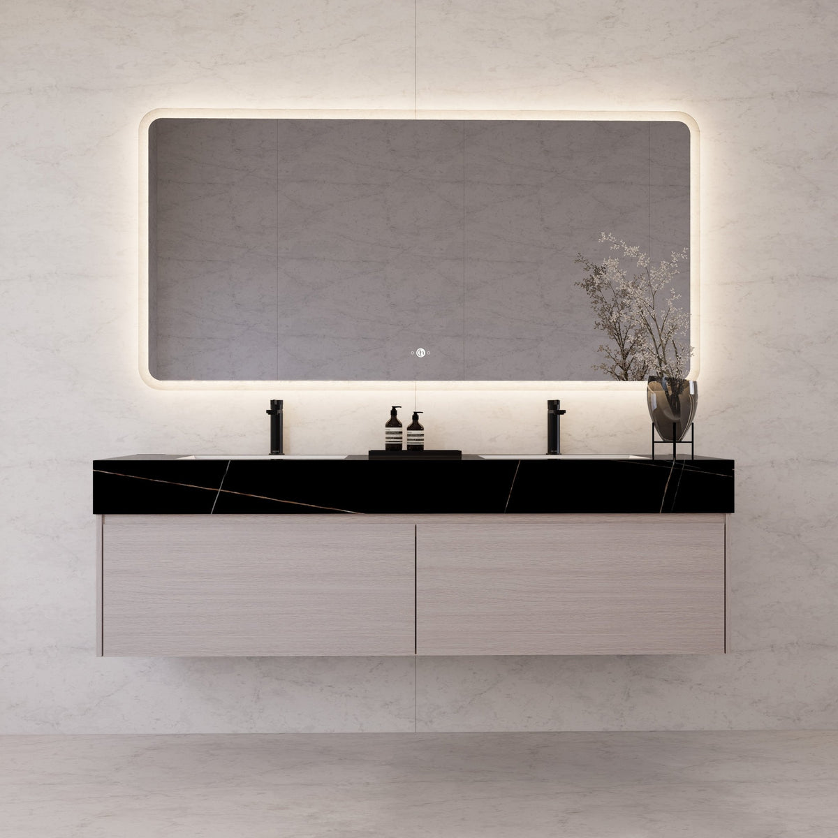 60"/ 71" White Grey Oak Double Sink Stone Top with Single Floating Bathroom Vanity -VanityWhite Grey Oak