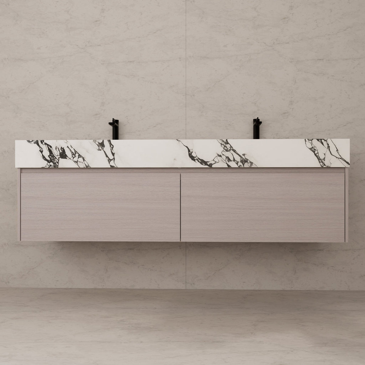 60"/ 71" White Grey Oak Double Sink Stone Top with Single Floating Bathroom Vanity -VanityWhite Grey Oak