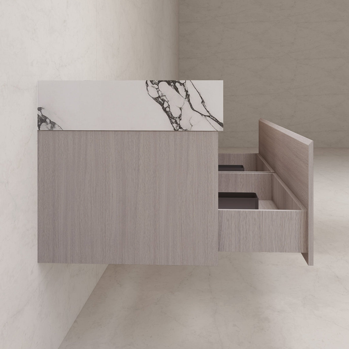 60"/ 71" White Grey Oak Double Sink Stone Top with Single Floating Bathroom Vanity -VanityWhite Grey Oak