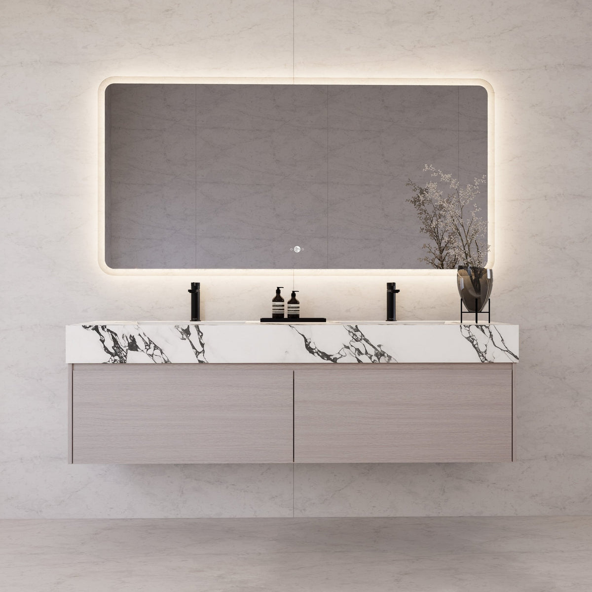 60"/ 71" White Grey Oak Double Sink Stone Top with Single Floating Bathroom Vanity -VanityWhite Grey Oak