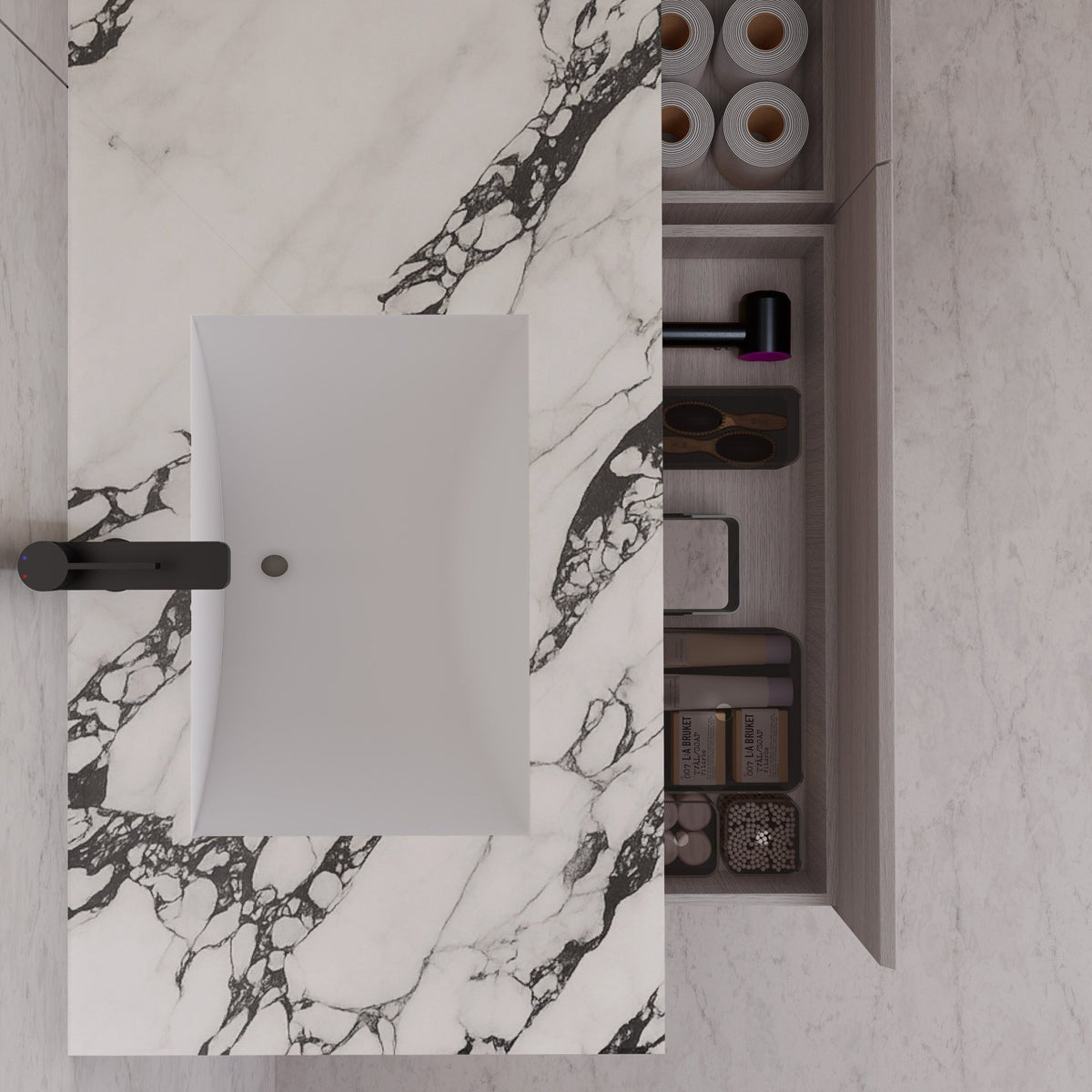 60"/ 71" White Grey Oak Double Sink Stone Top with Single Floating Bathroom Vanity -VanityWhite Grey Oak
