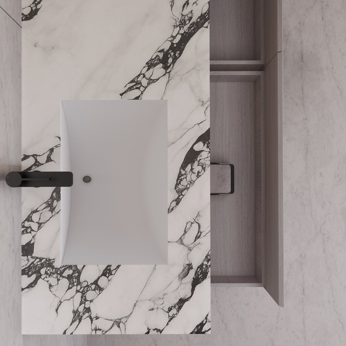 60"/ 71" White Grey Oak Double Sink Stone Top with Single Floating Bathroom Vanity -VanityWhite Grey Oak