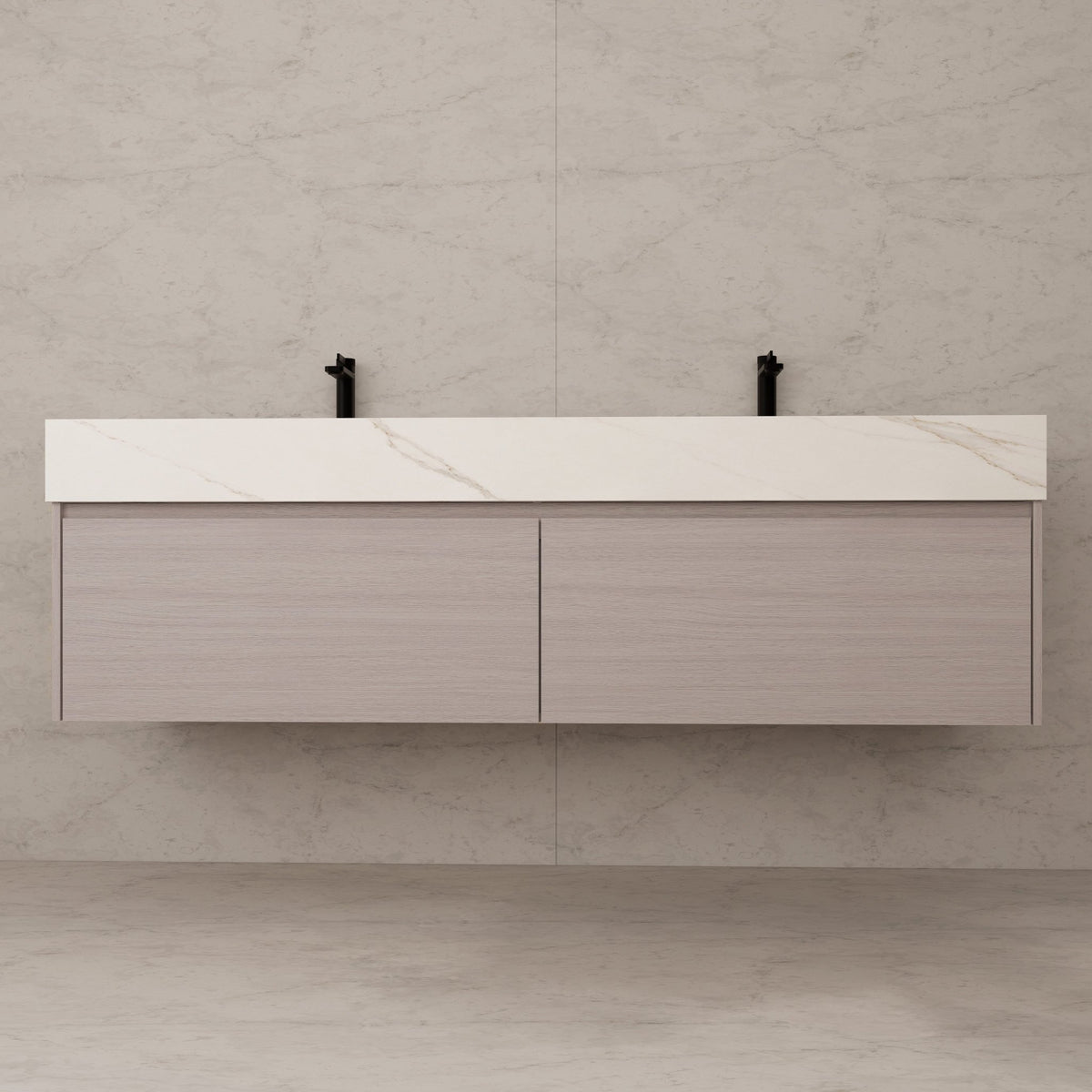 60"/ 71" White Grey Oak Double Sink Stone Top with Single Floating Bathroom Vanity -VanityWhite Grey Oak