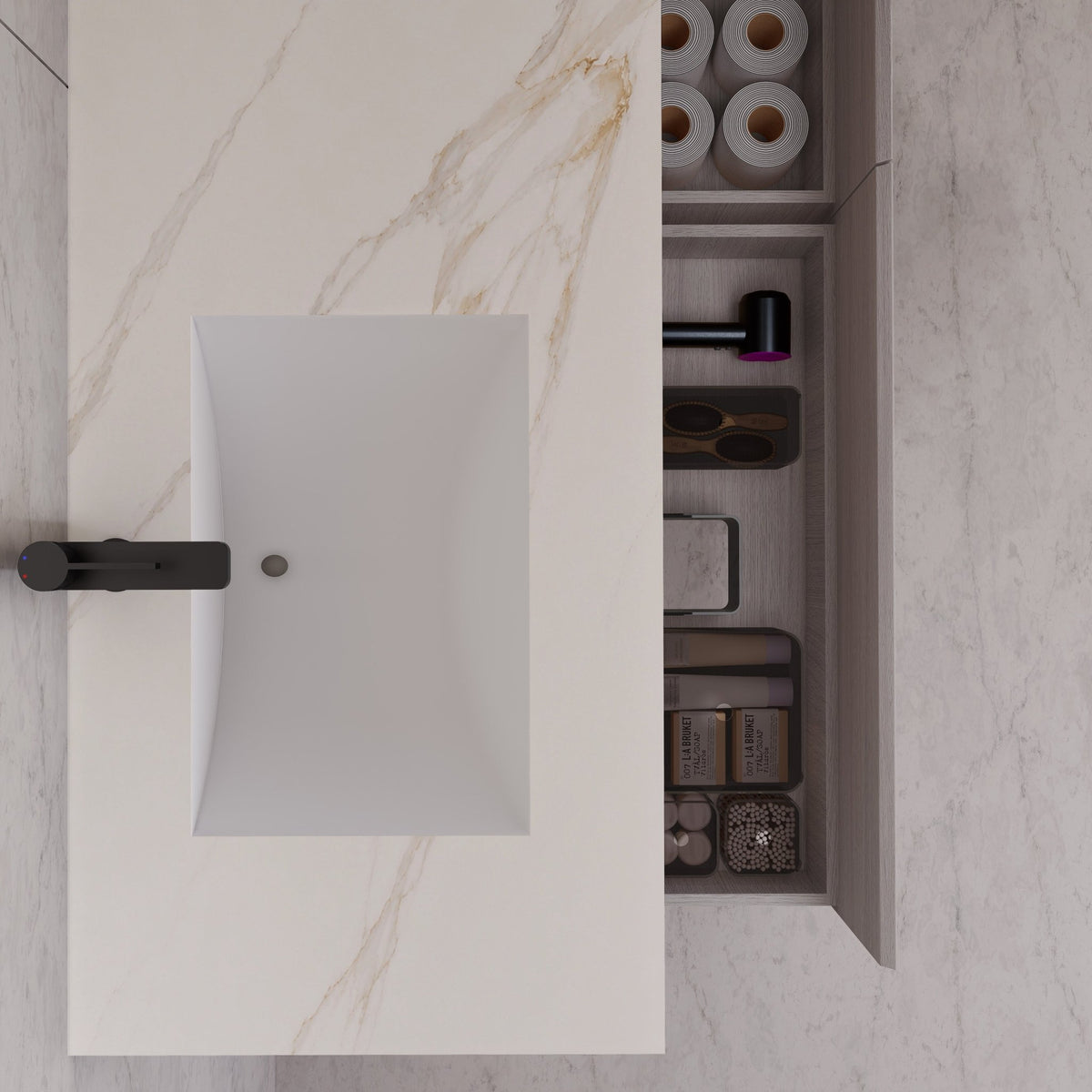 60"/ 71" White Grey Oak Double Sink Stone Top with Single Floating Bathroom Vanity -VanityWhite Grey Oak