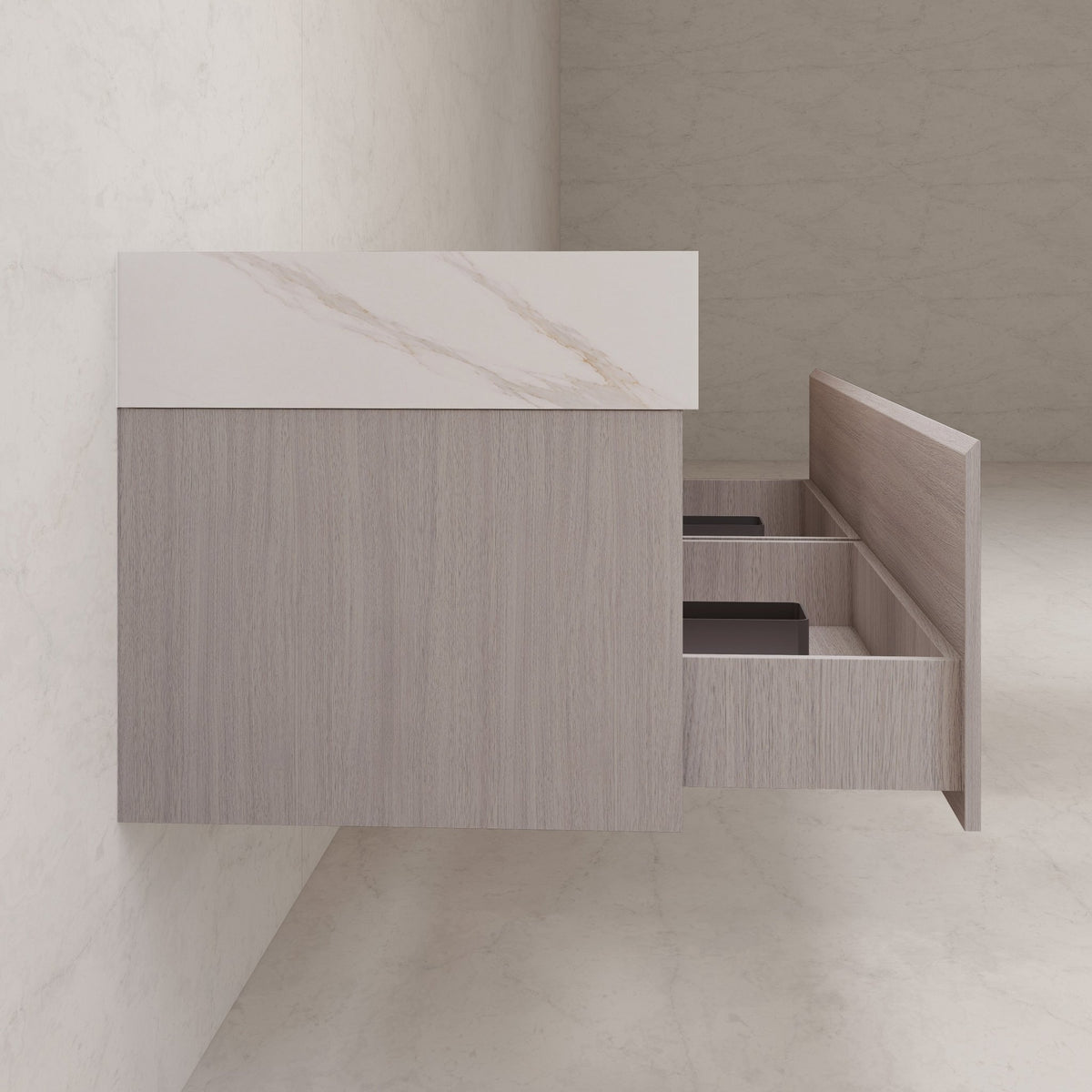 60"/ 71" White Grey Oak Double Sink Stone Top with Single Floating Bathroom Vanity -VanityWhite Grey Oak