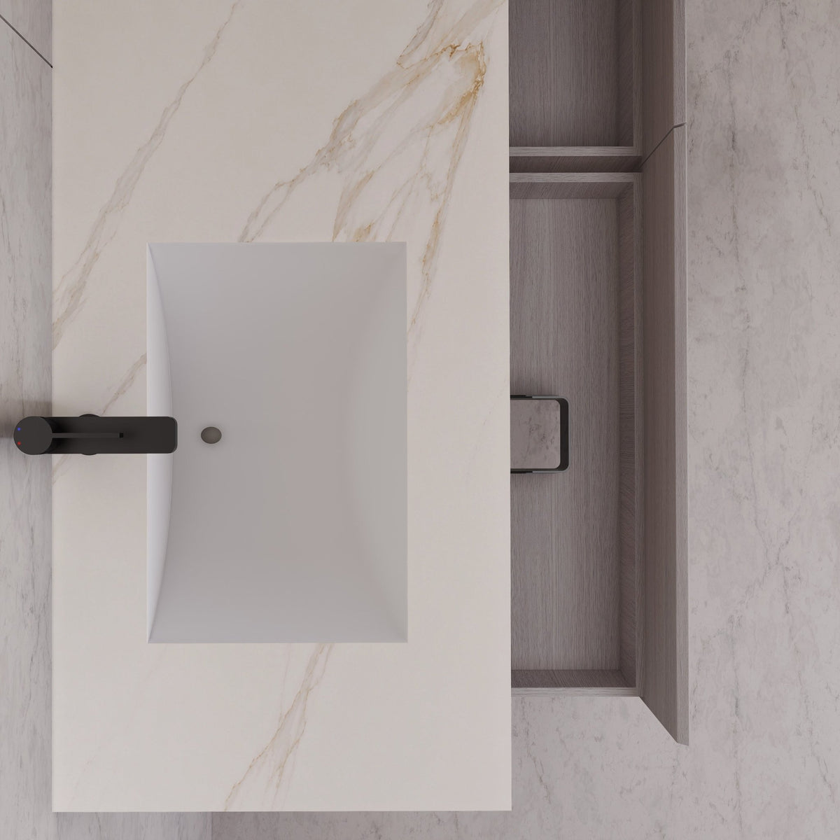60"/ 71" White Grey Oak Double Sink Stone Top with Single Floating Bathroom Vanity -VanityWhite Grey Oak