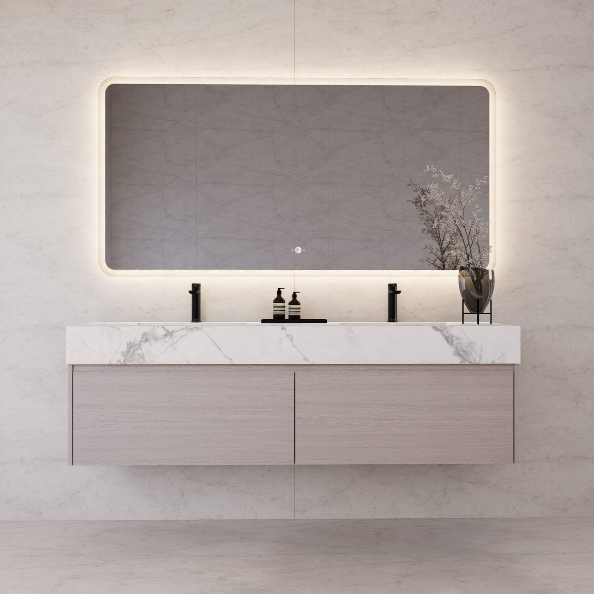 60"/ 71" White Grey Oak Double Sink Stone Top with Single Floating Bathroom Vanity -VanityWhite Grey Oak
