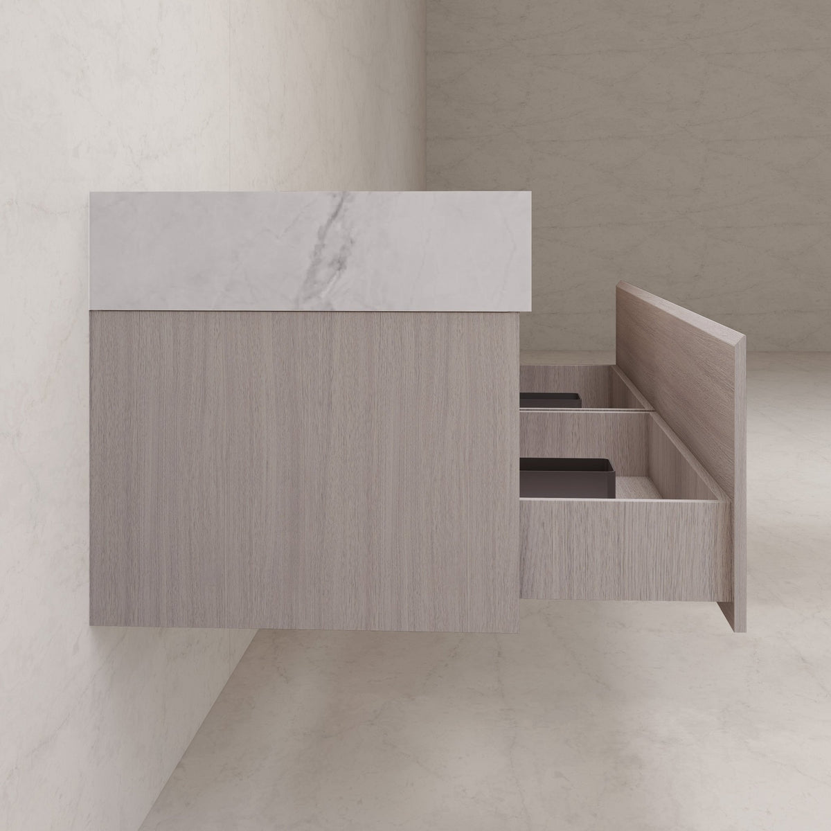 60"/ 71" White Grey Oak Double Sink Stone Top with Single Floating Bathroom Vanity -VanityWhite Grey Oak