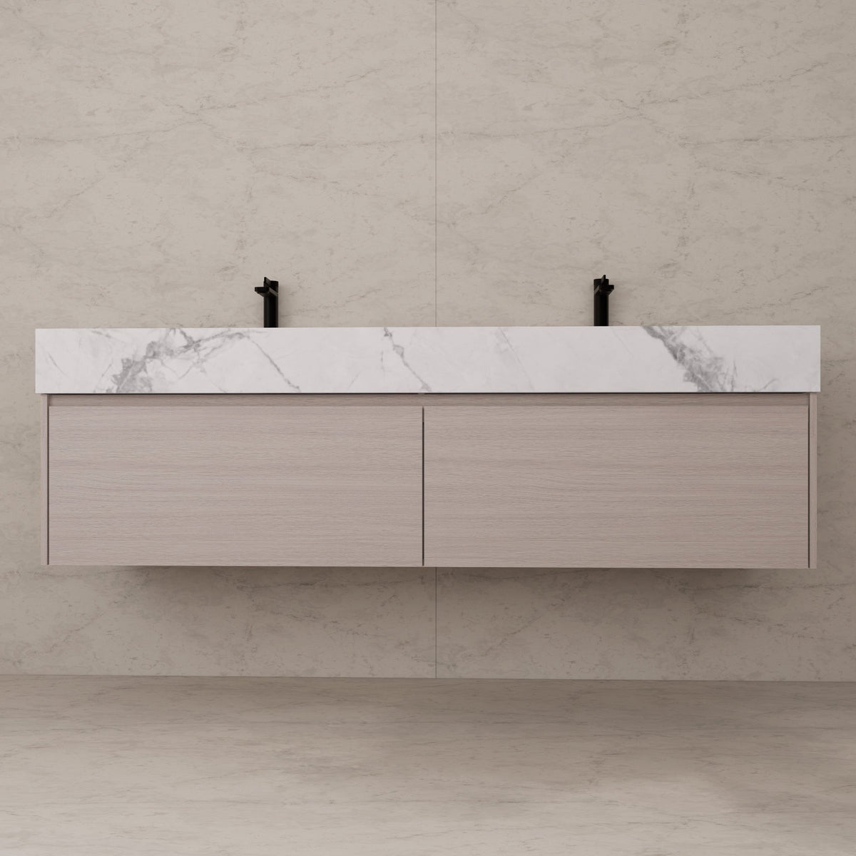 60"/ 71" White Grey Oak Double Sink Stone Top with Single Floating Bathroom Vanity -VanityWhite Grey Oak