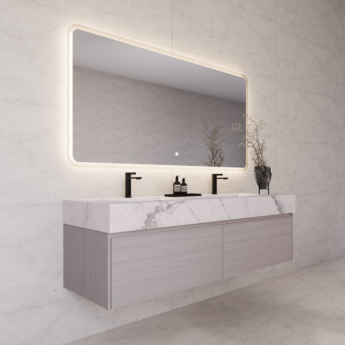 60"/ 71" White Grey Oak Double Sink Stone Top with Single Floating Bathroom Vanity -VanityWhite Grey Oak
