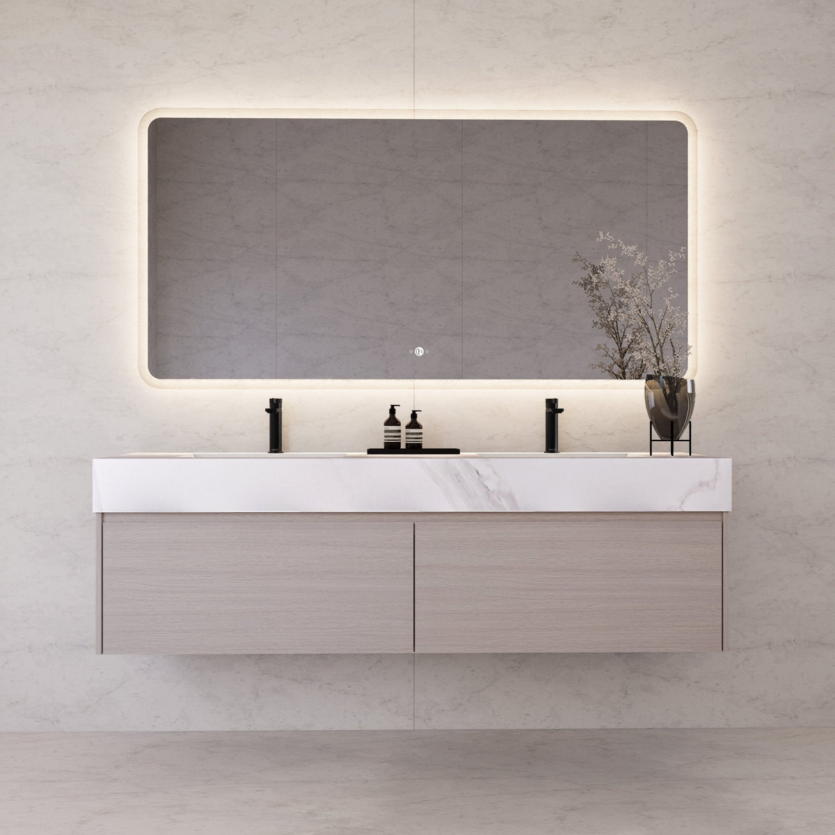 60"/ 71" White Grey Oak Double Sink Stone Top with Single Floating Bathroom Vanity -VanityWhite Grey Oak