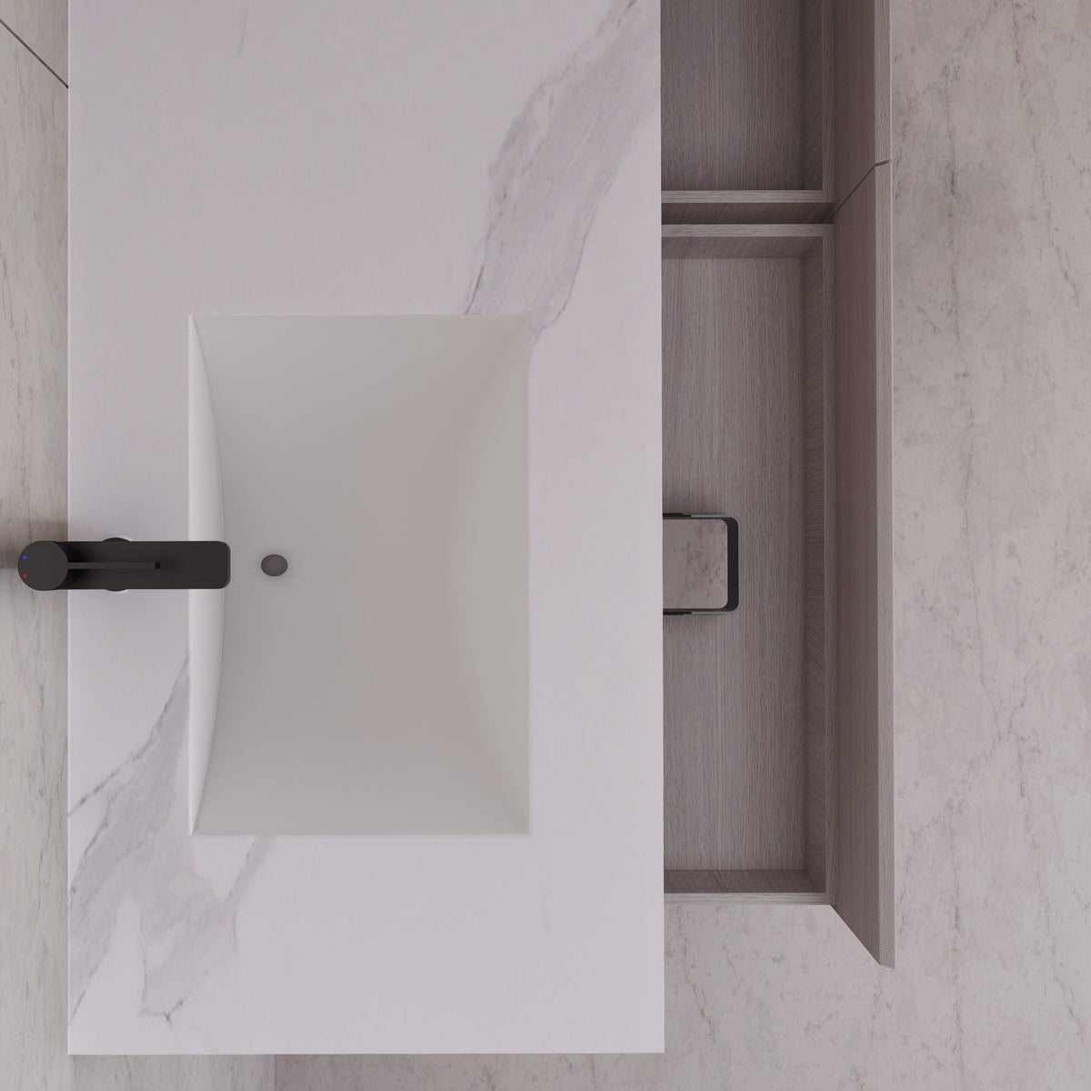 60"/ 71" White Grey Oak Double Sink Stone Top with Single Floating Bathroom Vanity -VanityWhite Grey Oak