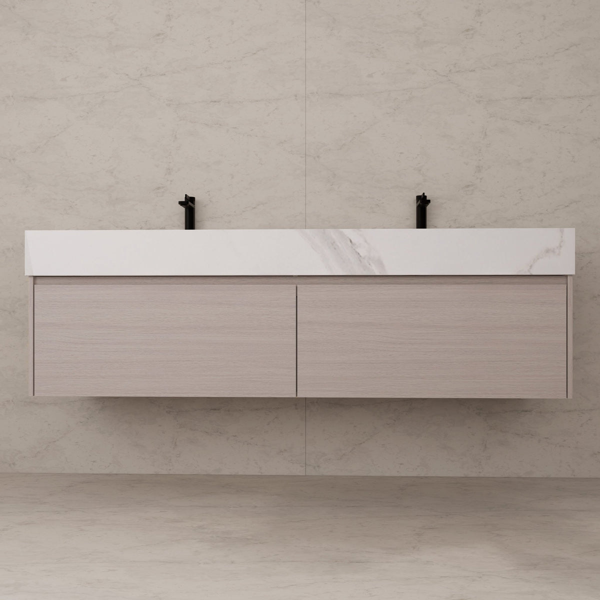 60"/ 71" White Grey Oak Double Sink Stone Top with Single Floating Bathroom Vanity -VanityWhite Grey Oak