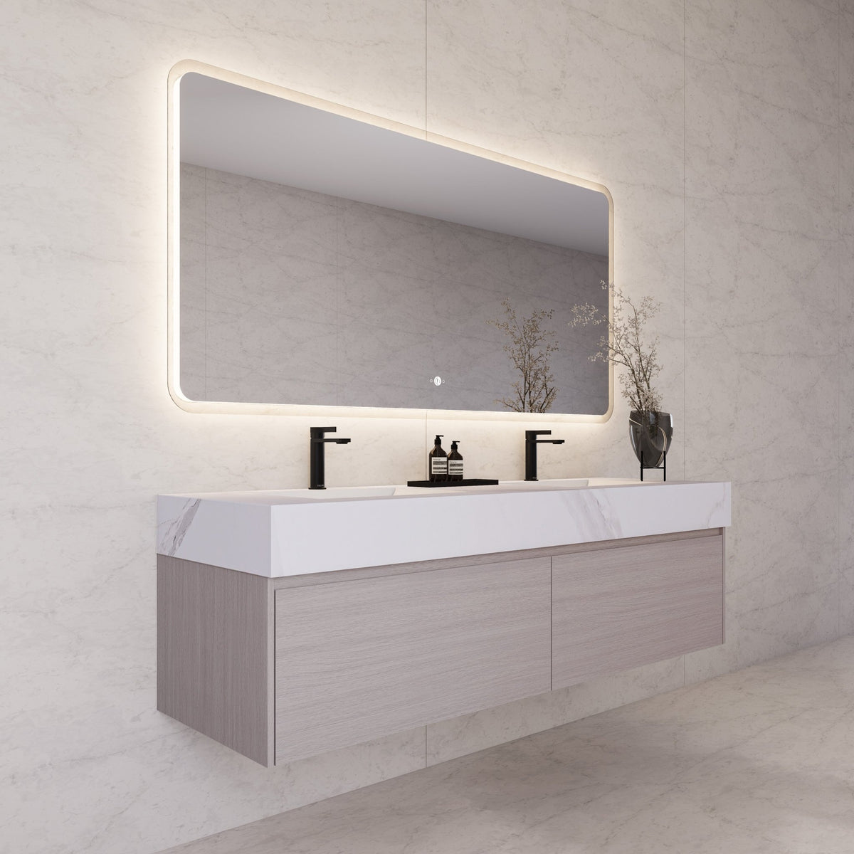 60"/ 71" White Grey Oak Double Sink Stone Top with Single Floating Bathroom Vanity -VanityWhite Grey Oak