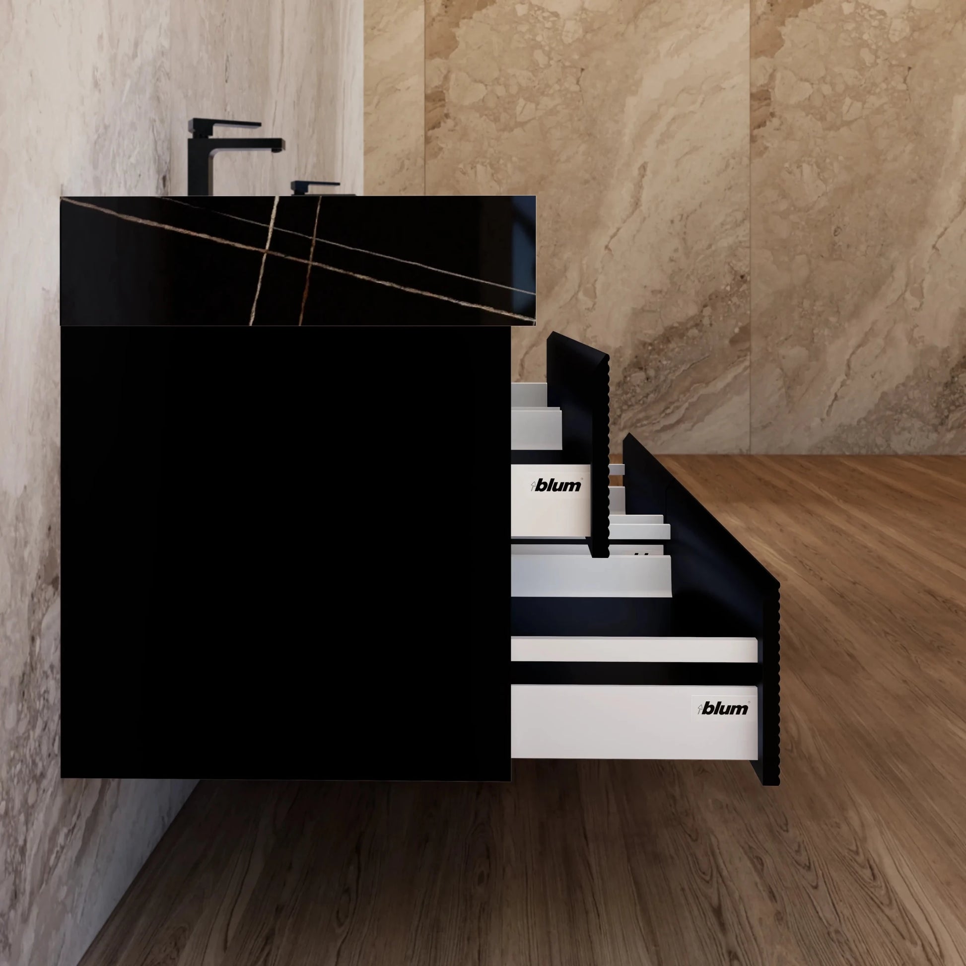 60" Black Fluted Floating Vanity with Seamless Stone Double Sink - VanityBlack Marquina Gold Veins