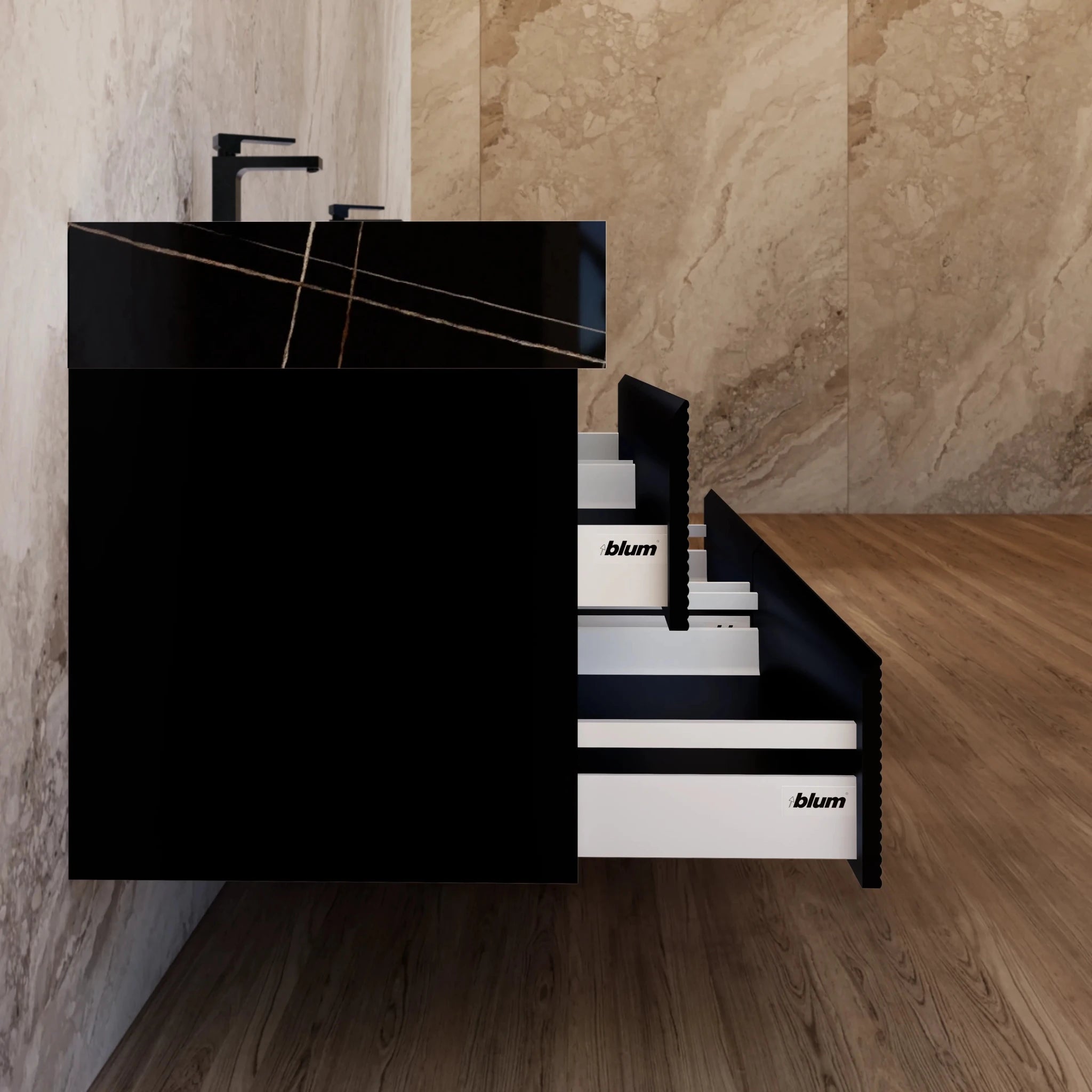 60" Black Fluted Floating Vanity with Seamless Stone Double Sink - VanityBlack Marquina Gold Veins