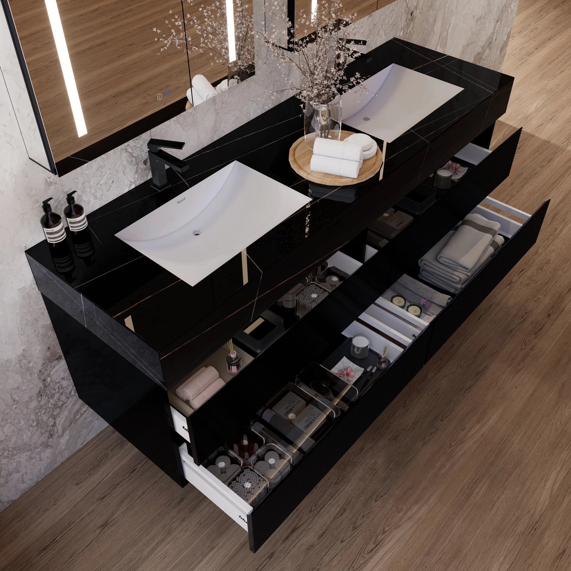 60" Black Fluted Floating Vanity with Seamless Stone Double Sink - VanityBlack Marquina Gold Veins