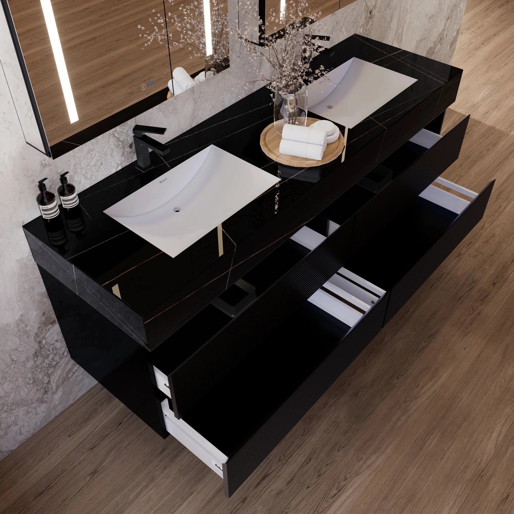 60" Black Fluted Floating Vanity with Seamless Stone Double Sink - VanityBlack Marquina Gold Veins