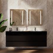 60" Black Fluted Floating Vanity with Seamless Stone Double Sink - VanityBlack Marquina Gold Veins