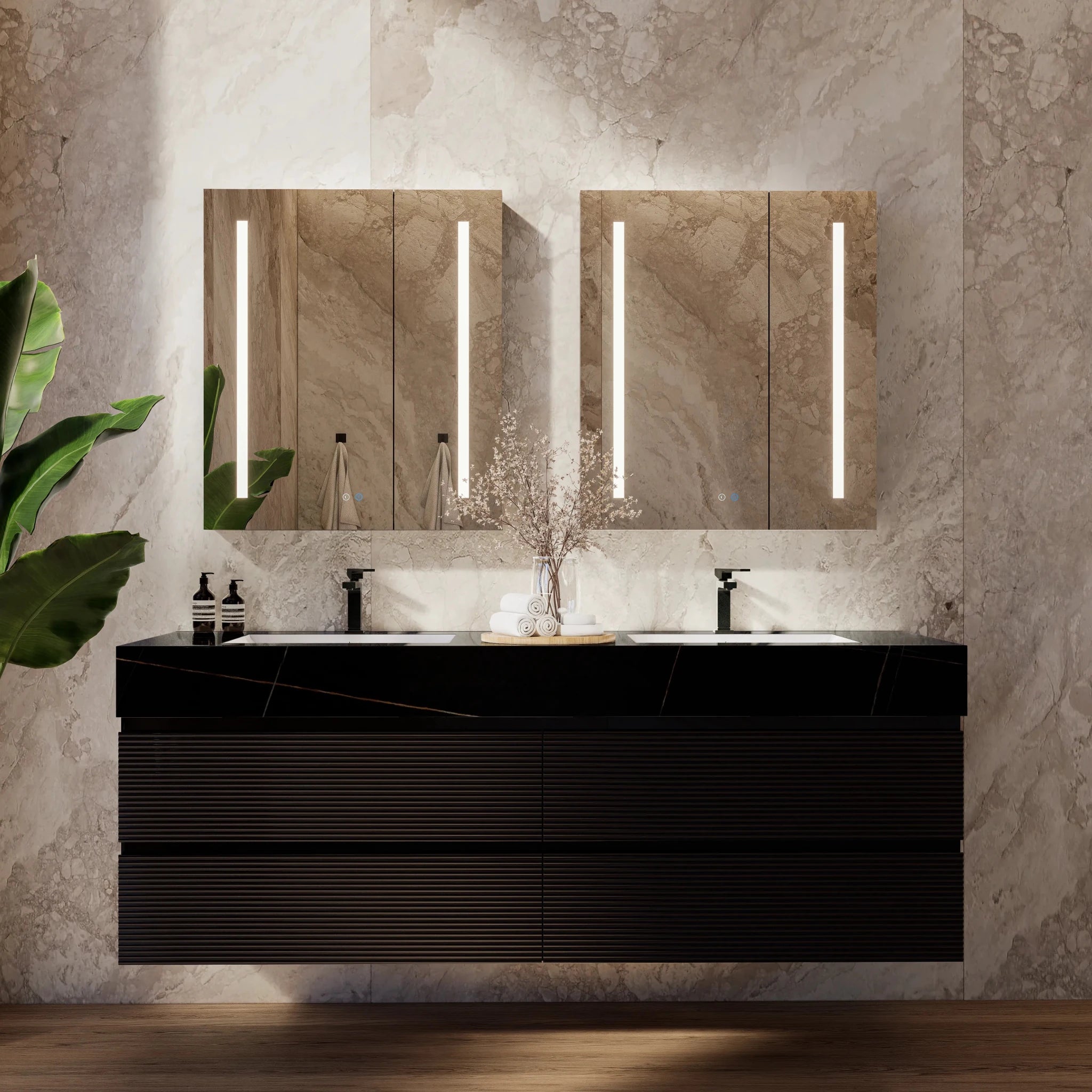 60" Black Fluted Floating Vanity with Seamless Stone Double Sink - VanityBlack Marquina Gold Veins