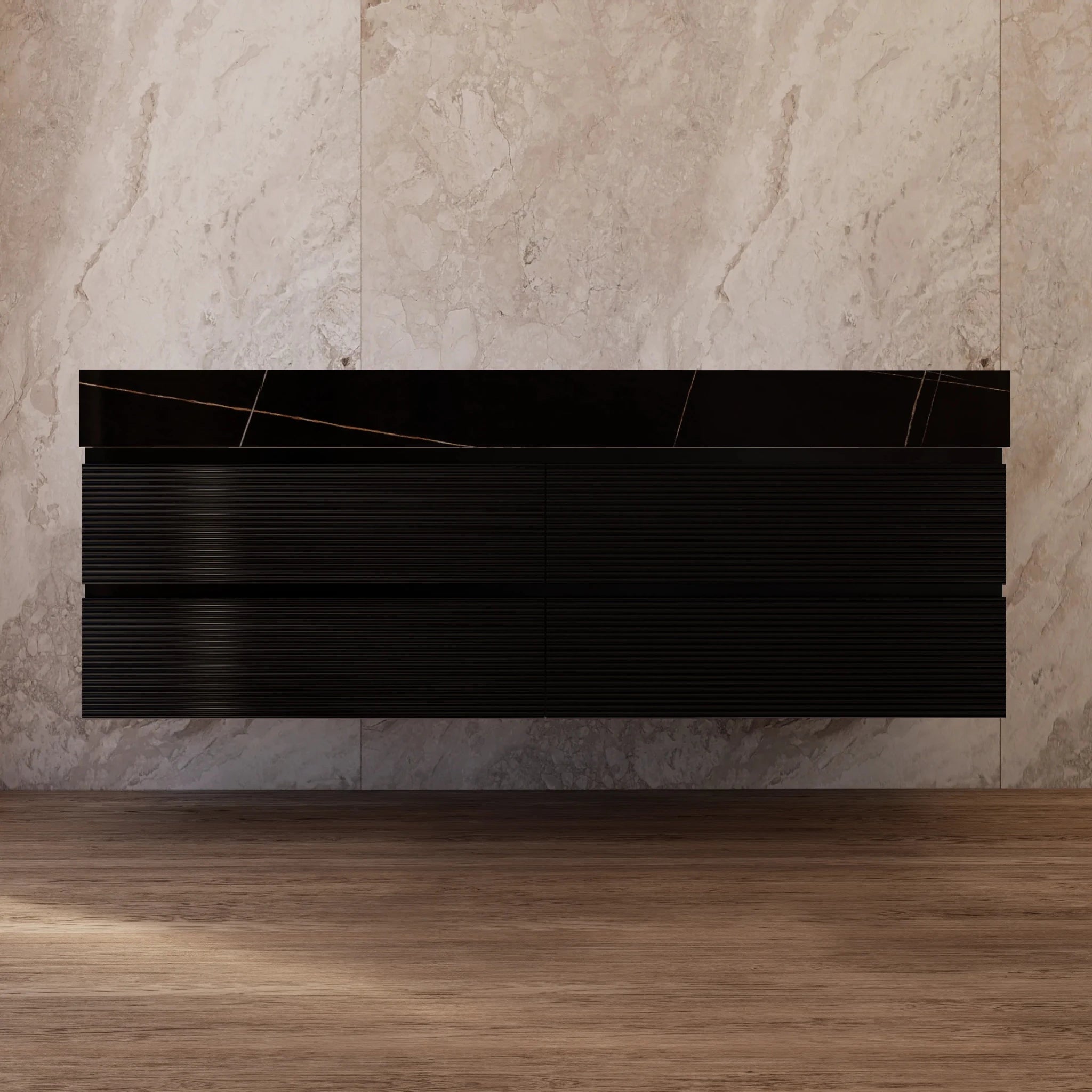 60" Black Fluted Floating Vanity with Seamless Stone Double Sink - VanityBlack Marquina Gold Veins