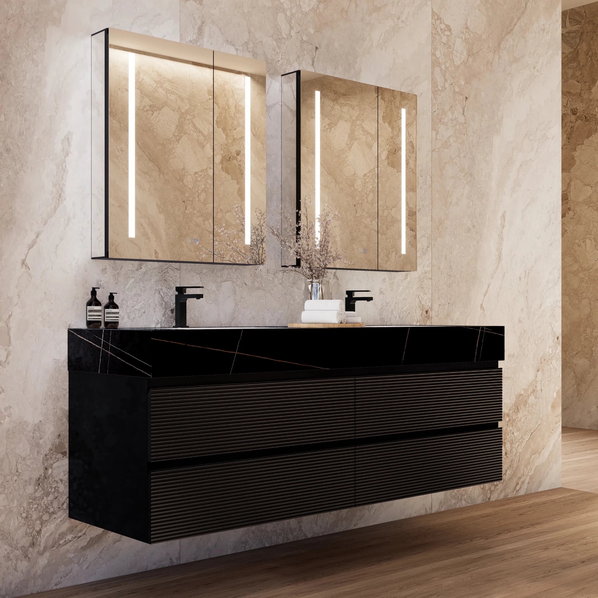 60" Black Fluted Floating Vanity with Seamless Stone Double Sink - VanityBlack Marquina Gold Veins