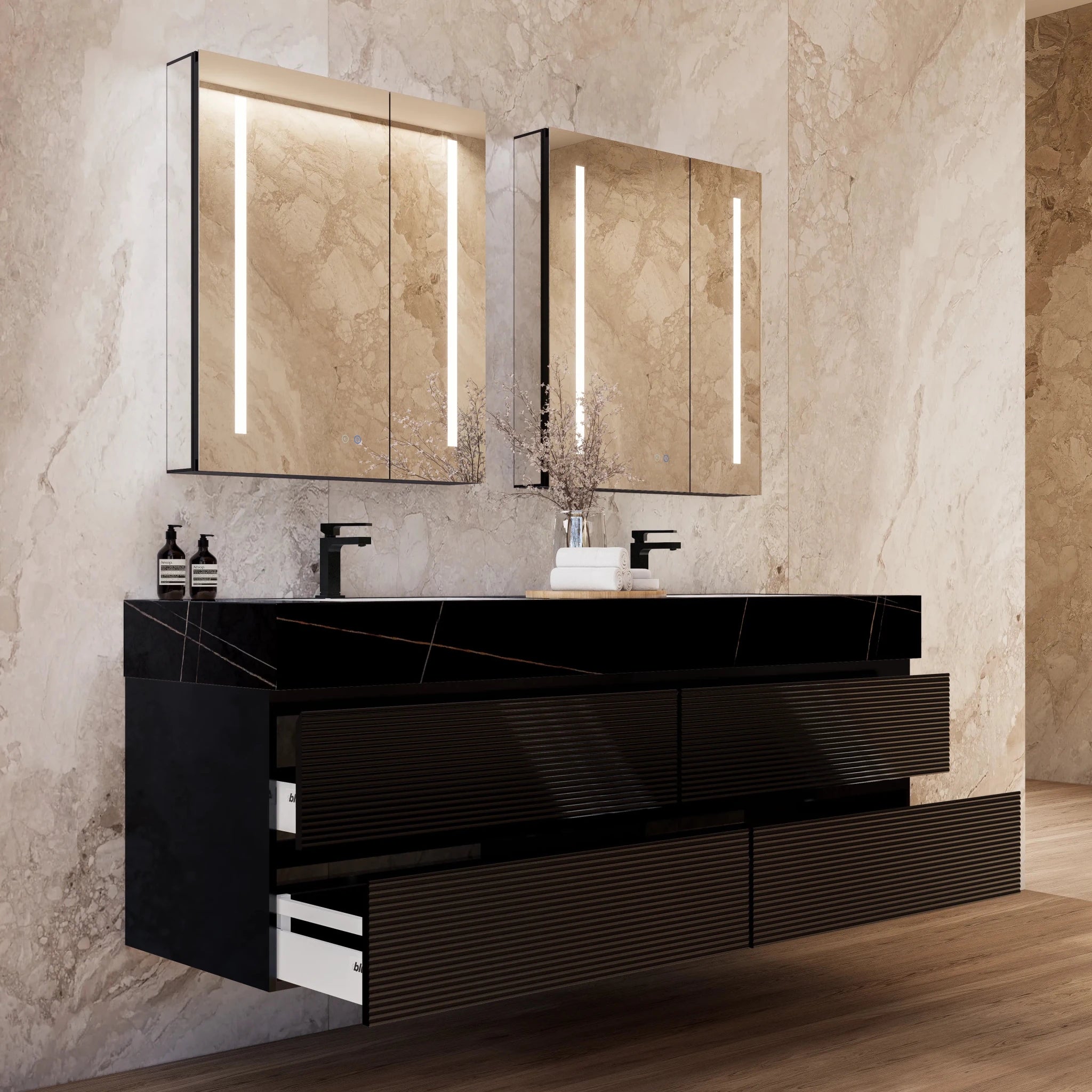 60" Black Fluted Floating Vanity with Seamless Stone Double Sink - VanityBlack Marquina Gold Veins