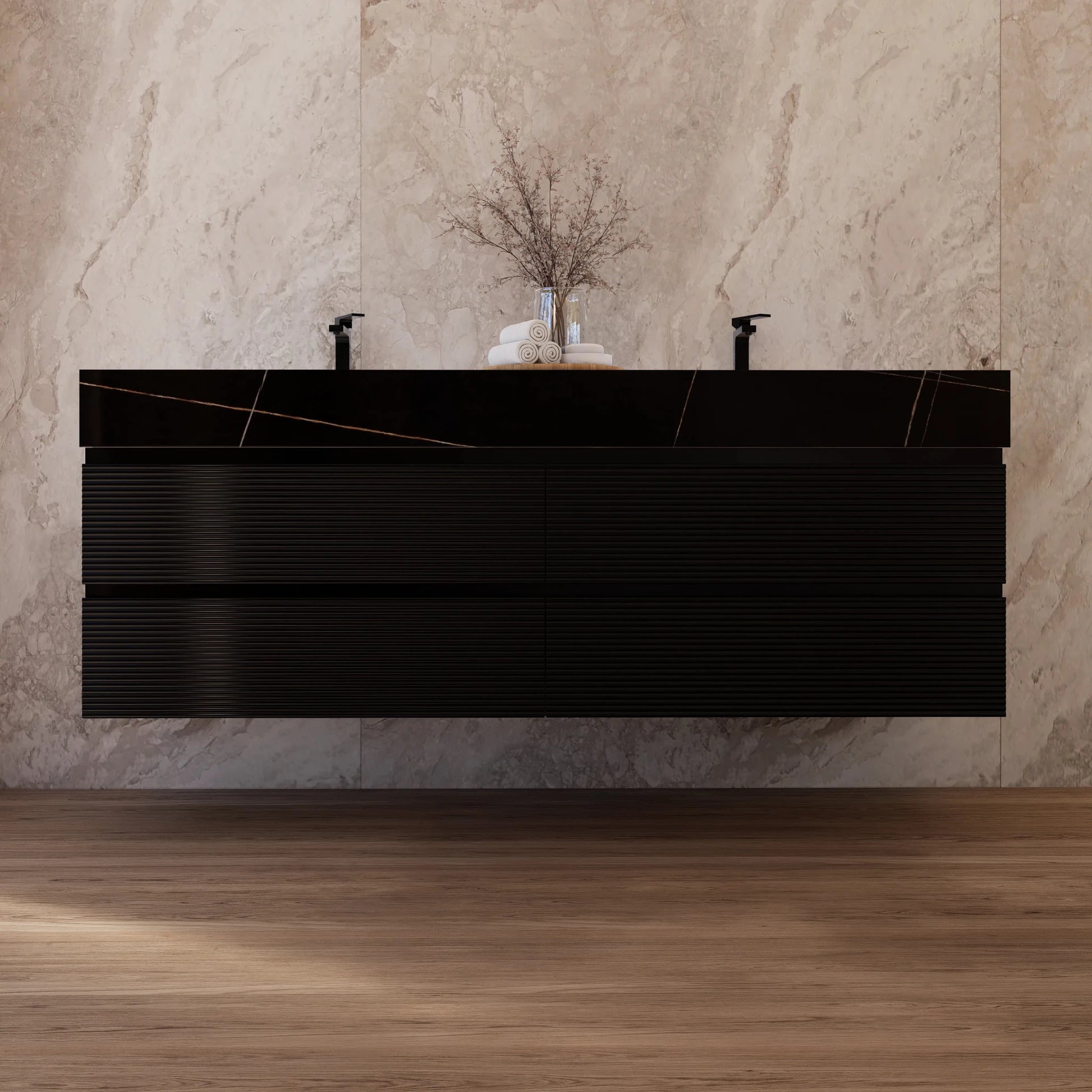 60" Black Fluted Floating Vanity with Seamless Stone Double Sink - VanityBlack Marquina Gold Veins