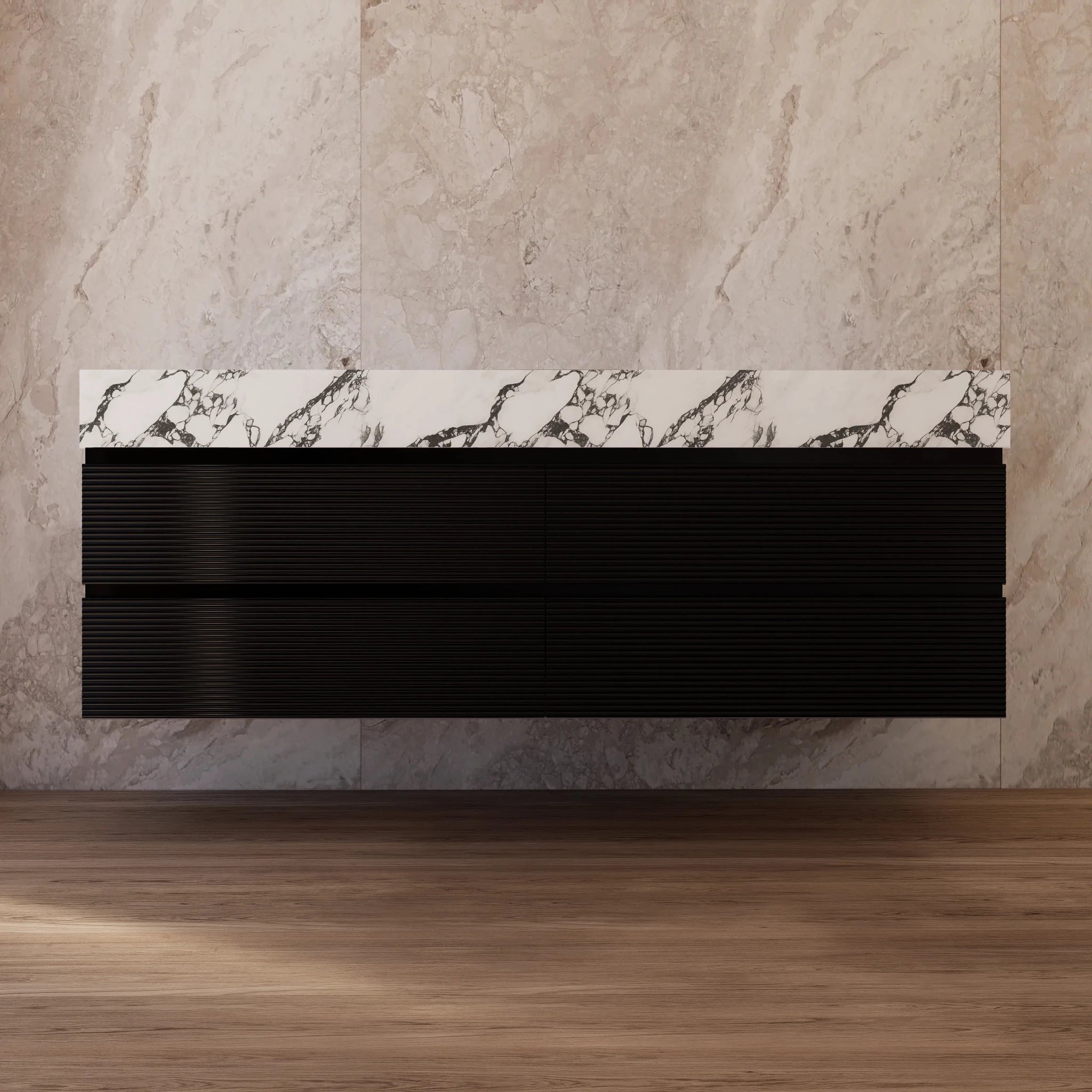 60" Black Fluted Floating Vanity with Seamless Stone Double Sink - VanityCalacatta Black