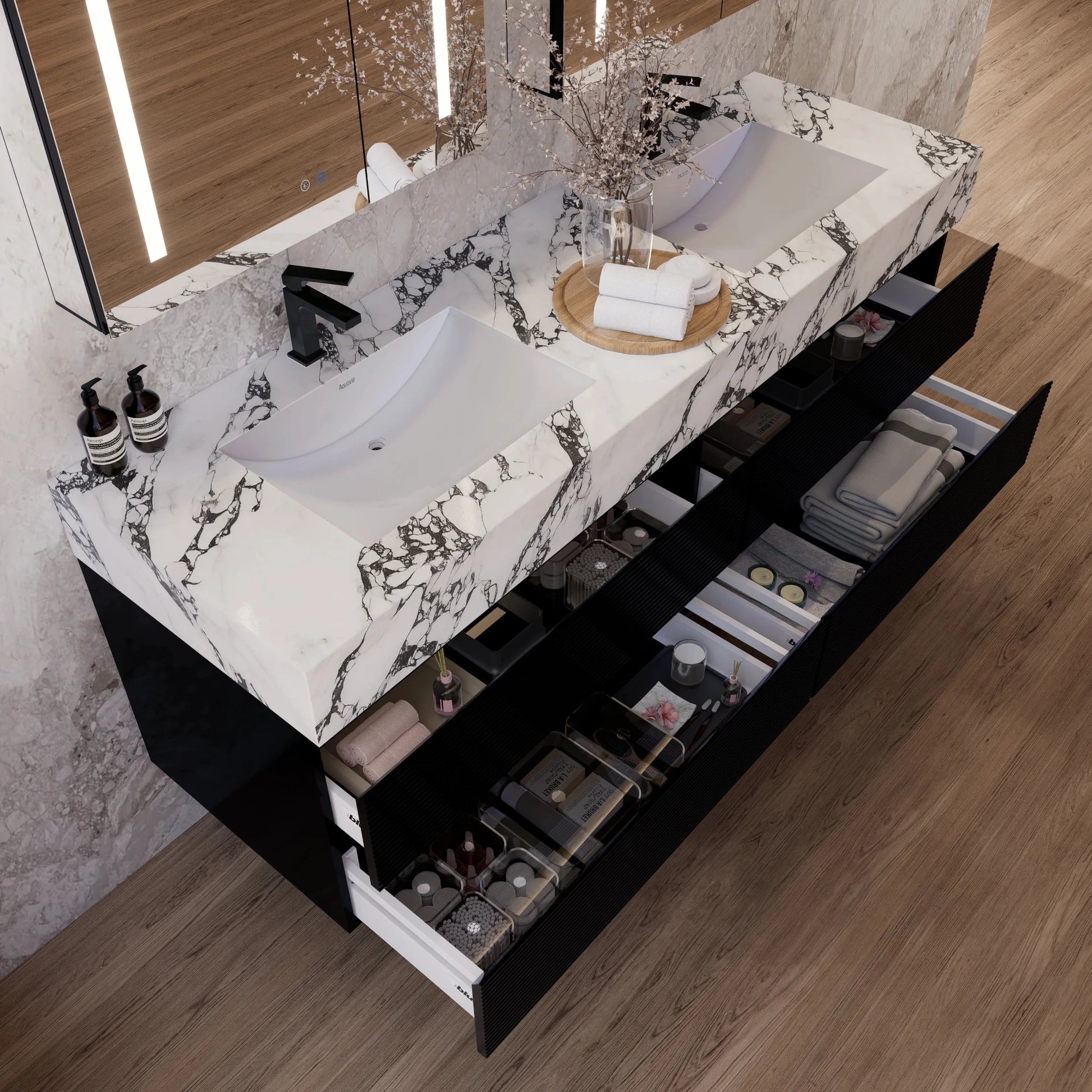 60" Black Fluted Floating Vanity with Seamless Stone Double Sink - VanityCalacatta Black