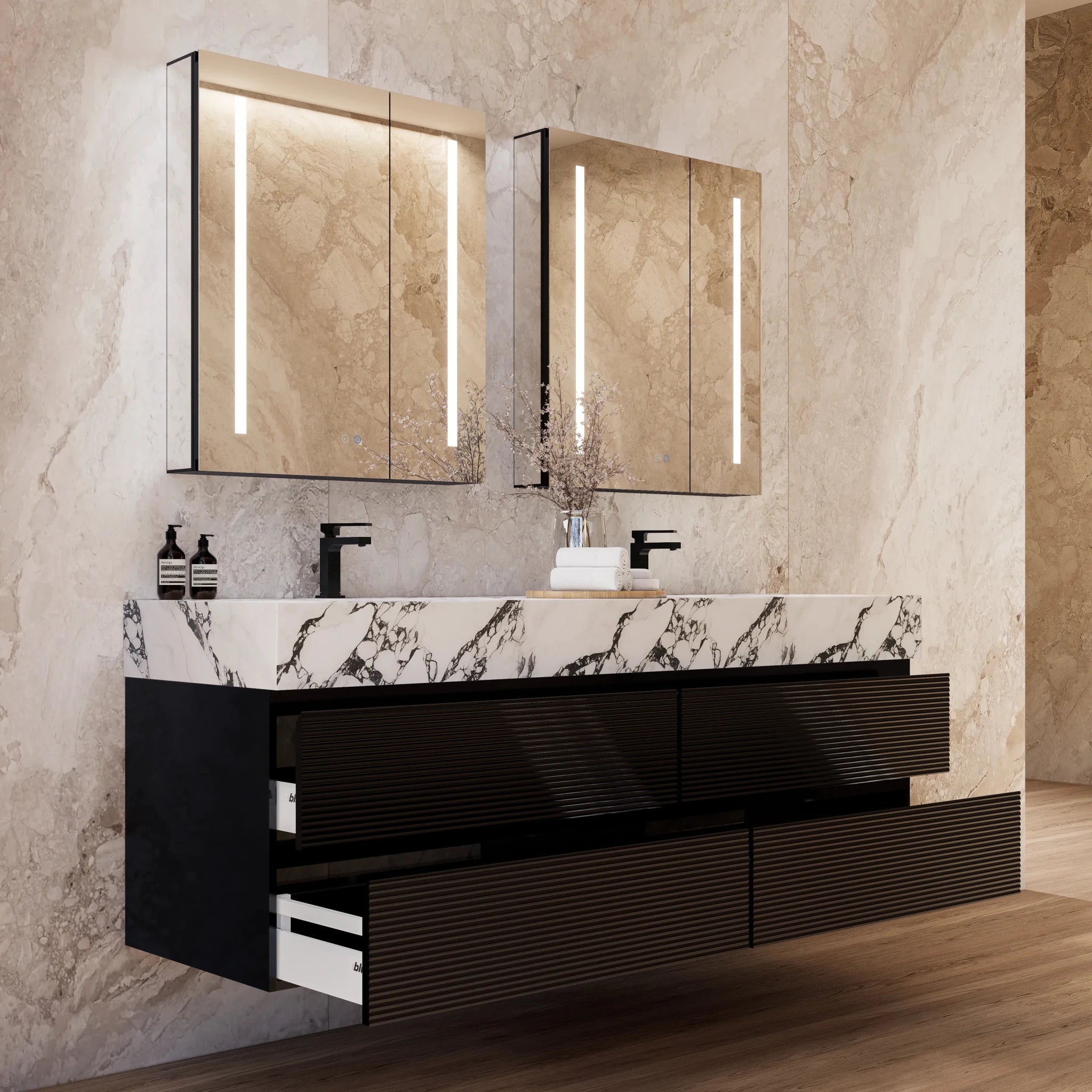 60" Black Fluted Floating Vanity with Seamless Stone Double Sink - VanityCalacatta Black