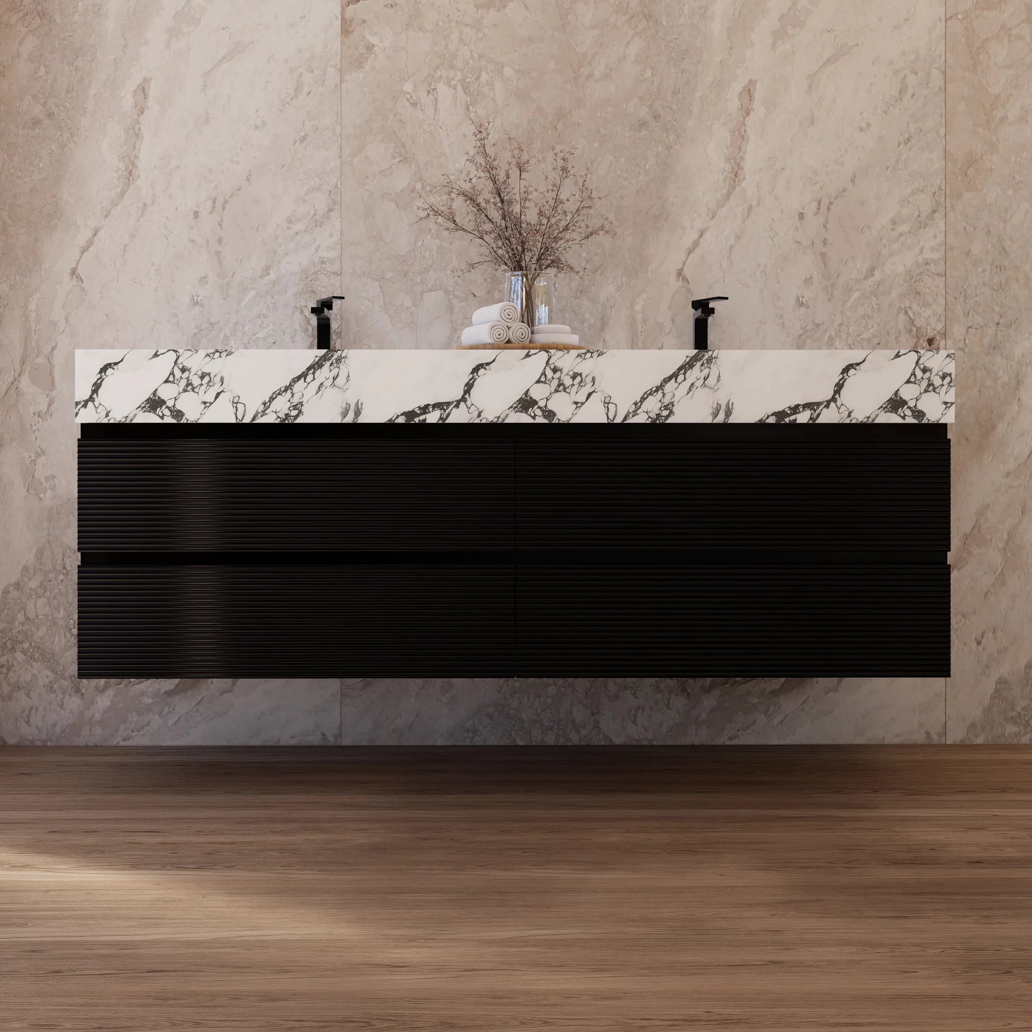 60" Black Fluted Floating Vanity with Seamless Stone Double Sink - VanityCalacatta Black