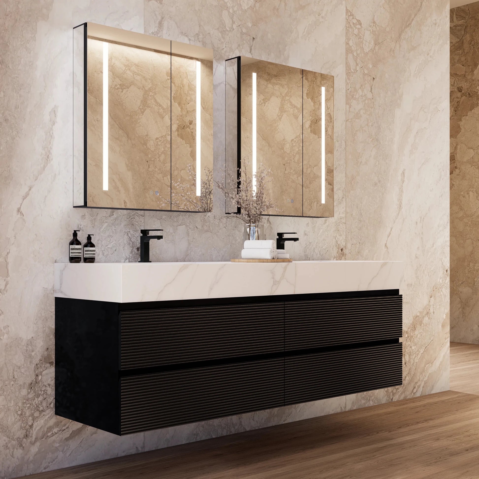 60" Black Fluted Floating Vanity with Seamless Stone Double Sink - VanityCalacatta Gold