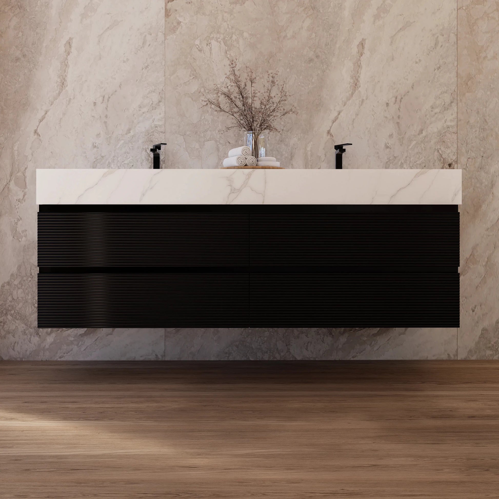 60" Black Fluted Floating Vanity with Seamless Stone Double Sink - VanityCalacatta Gold