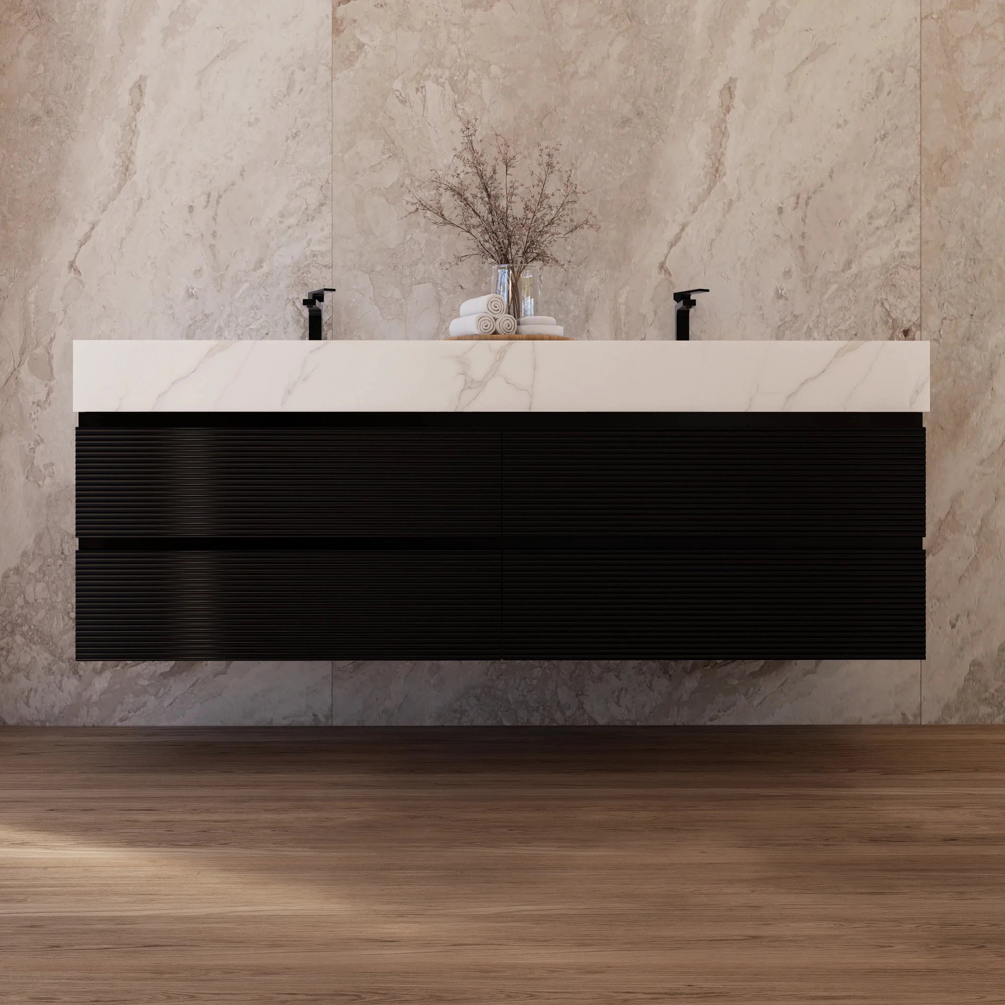 60" Black Fluted Floating Vanity with Seamless Stone Double Sink - VanityCalacatta Gold