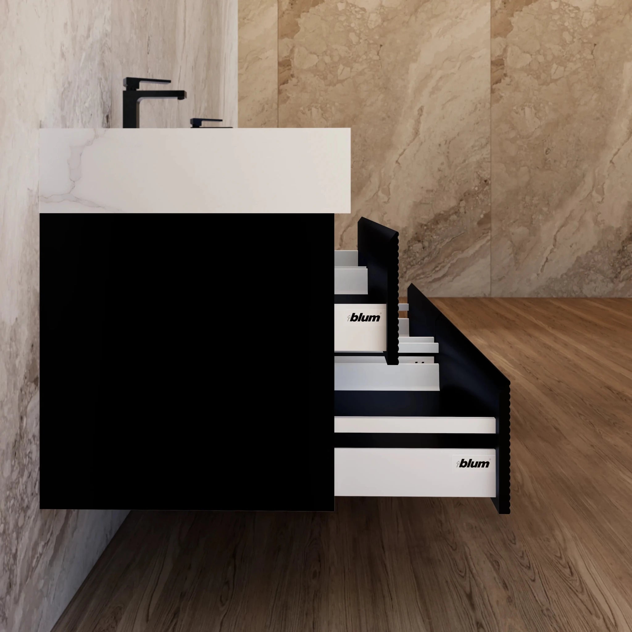 60" Black Fluted Floating Vanity with Seamless Stone Double Sink - VanityCalacatta Gold