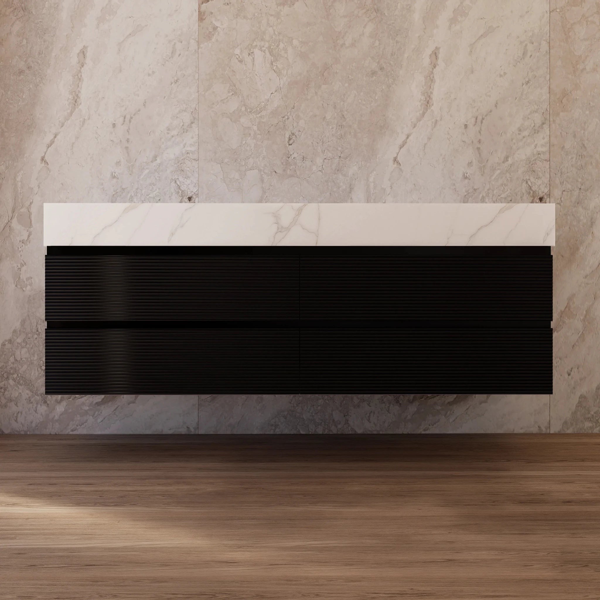 60" Black Fluted Floating Vanity with Seamless Stone Double Sink - VanityCalacatta Gold