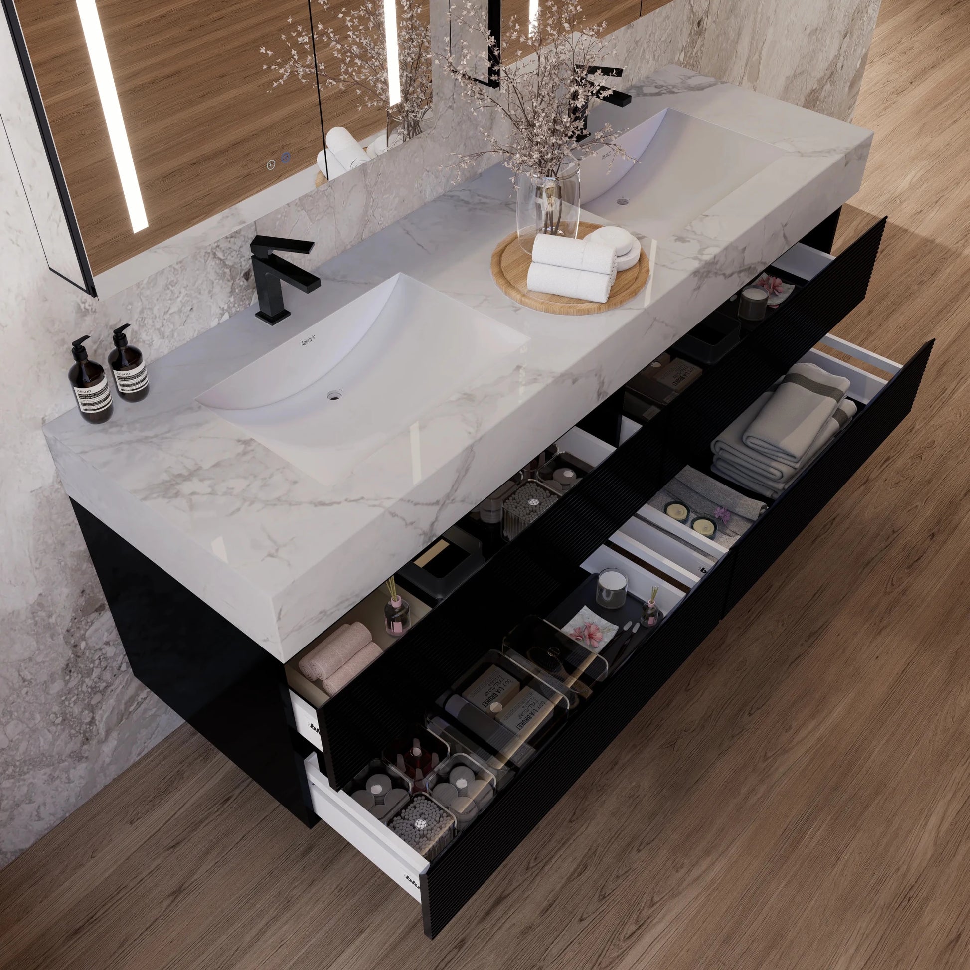 60" Black Fluted Floating Vanity with Seamless Stone Double Sink - VanityIce Grey