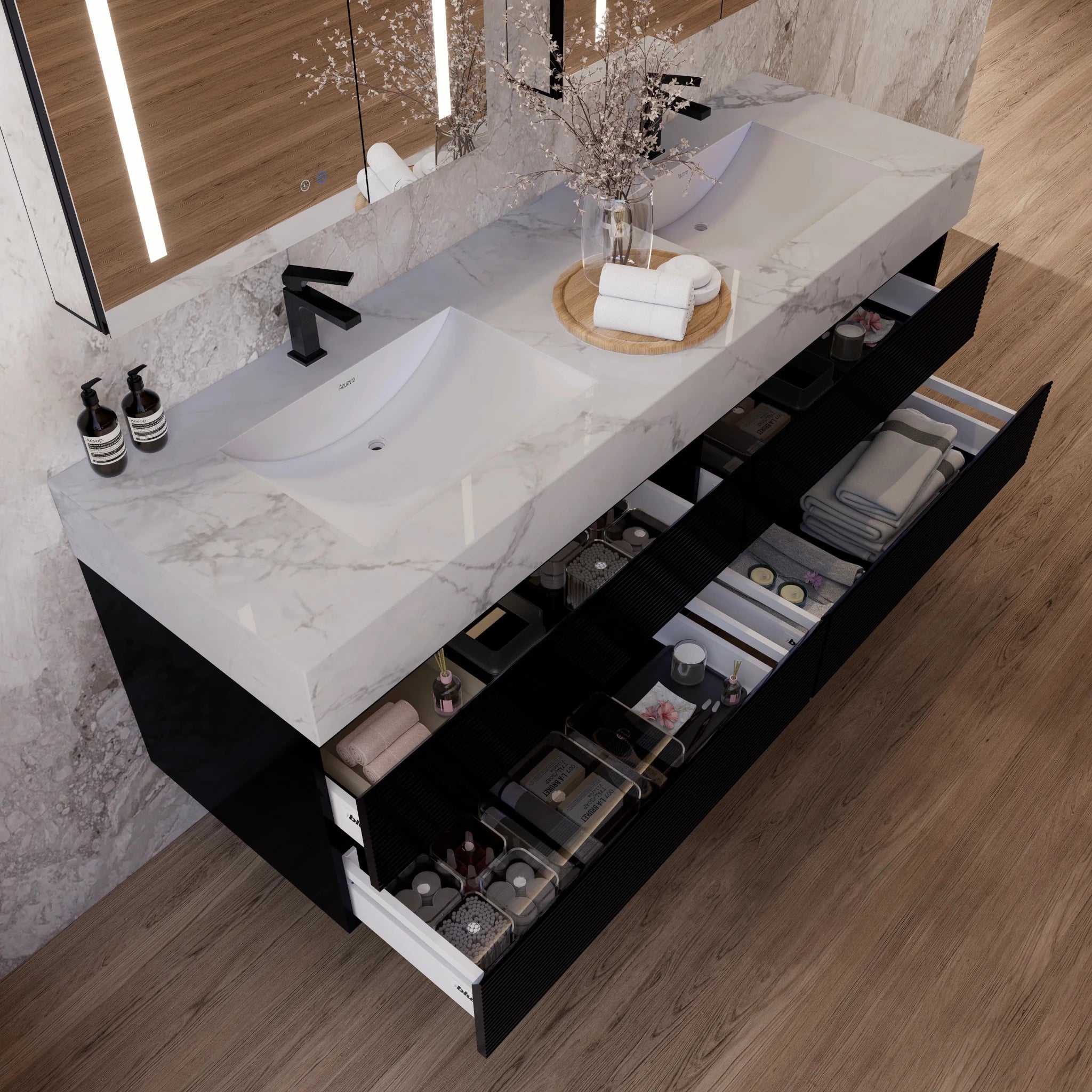 60" Black Fluted Floating Vanity with Seamless Stone Double Sink - VanityIce Grey